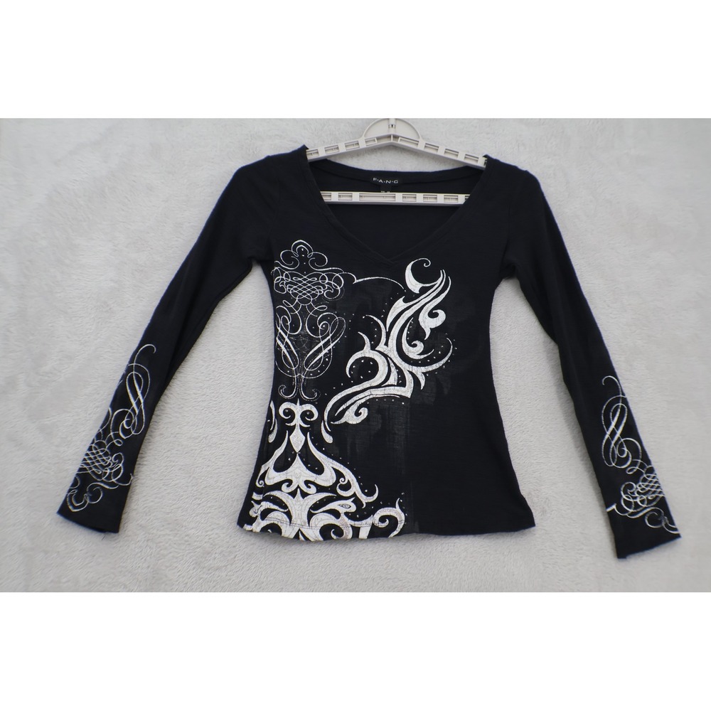 FANG Womens XS Black Graphic Long Sleeve V Neck Y2K Goth Tribal Tee